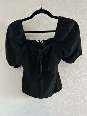 Gilly Square Neck Black Puff Sleeve Blouse with Front Tie
